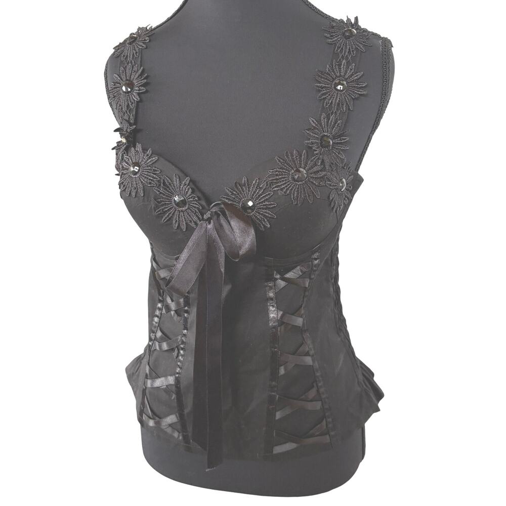 Sexy Witch Black Faux Lace Up Whimsigoth Coquette Dark Fairy Smocked Back Tank